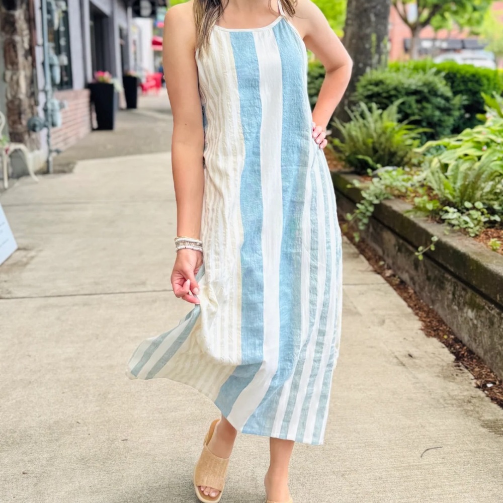 HOLIDAY CLIFFSIDE MAXI DRESS Linen Blend Striped Blue White Tan Sleeveless Sz S